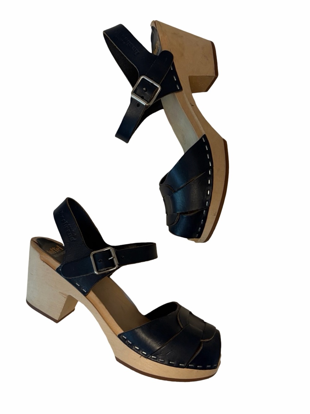 Swedish Hasbeens | Navy Blue Strapped Peep Toe Clogs 38